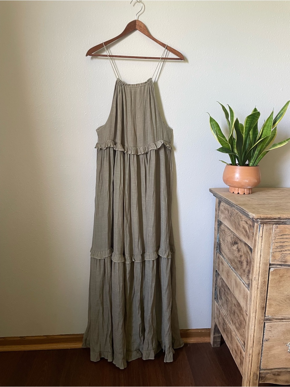 Sweet Lemon Boho Tiered Maxi Dress in Tan / Olive Size Large